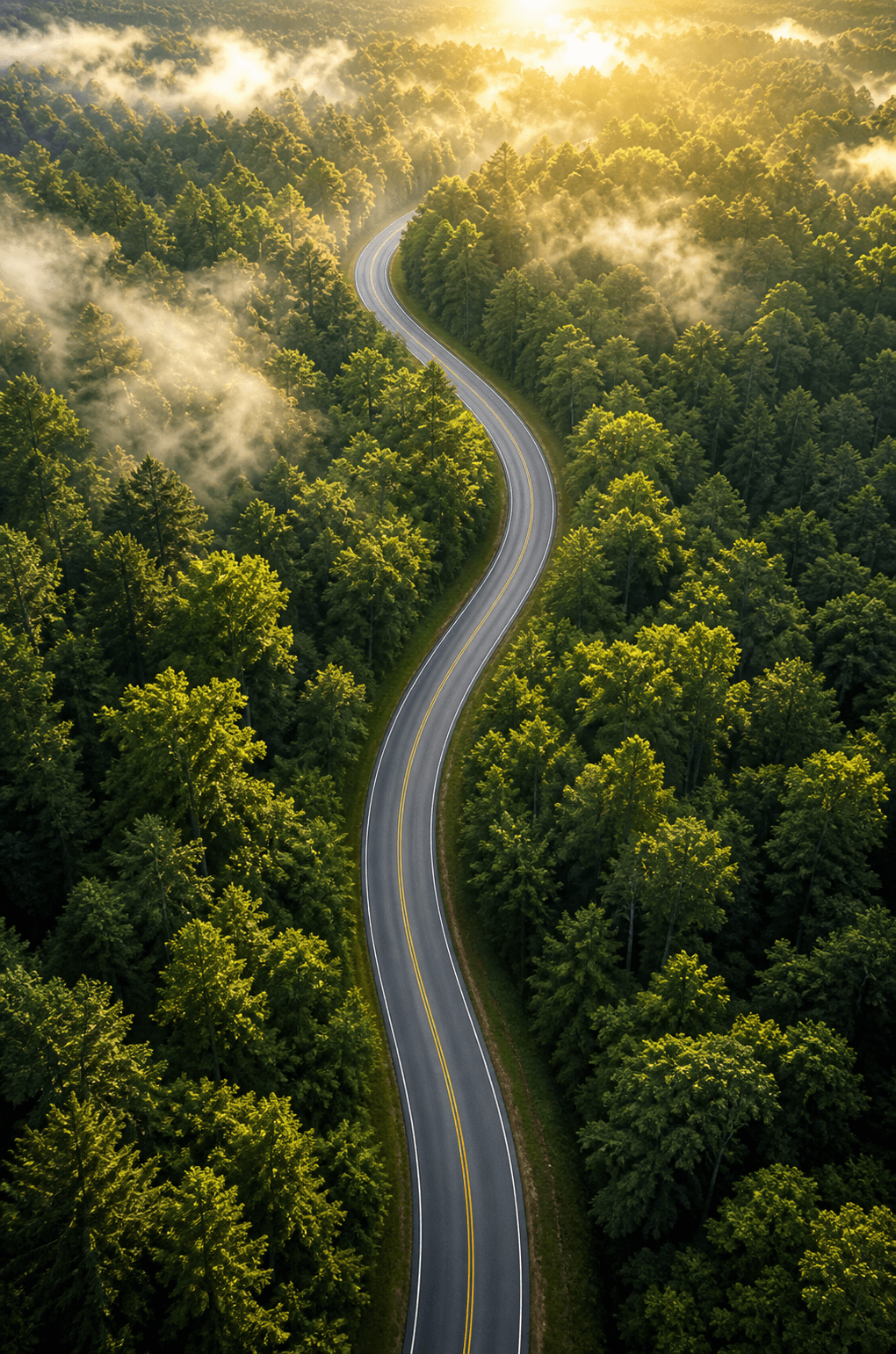 Carretera entre un bosque verde como metáfora de oportunidades sostenibles